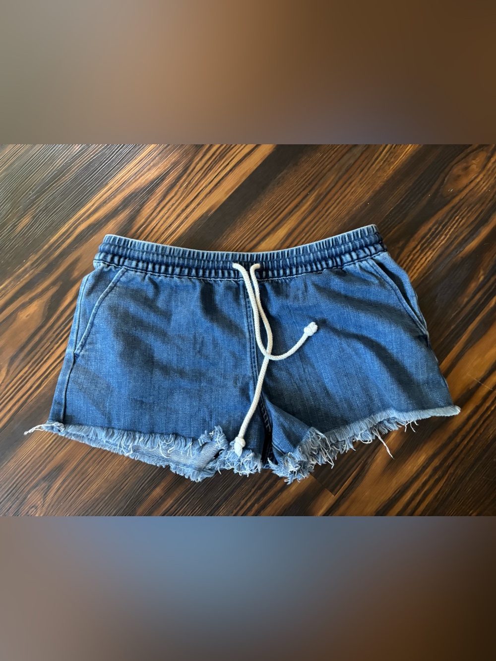 Aerie Blue Denim Frayed Hem Drawstring Shorts